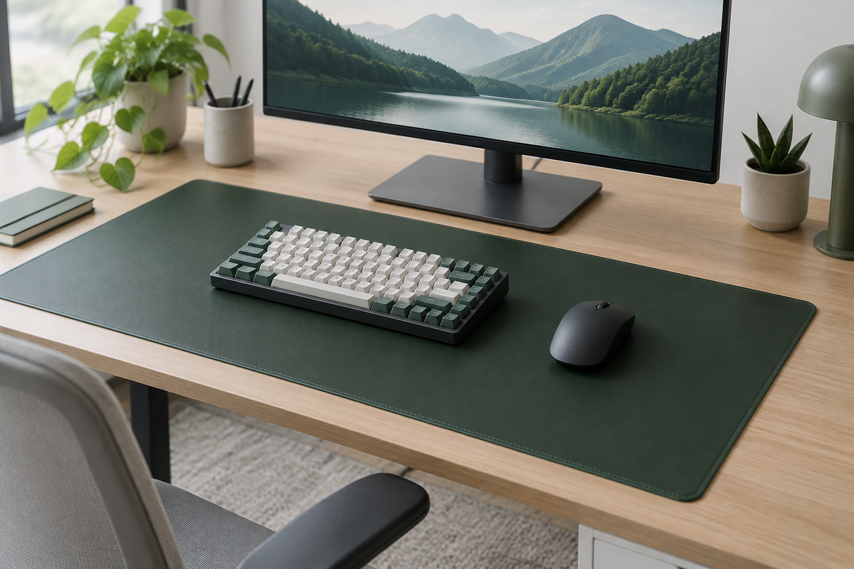 Station Gear Reversible Desk Pad in Dark Green on a modern desk