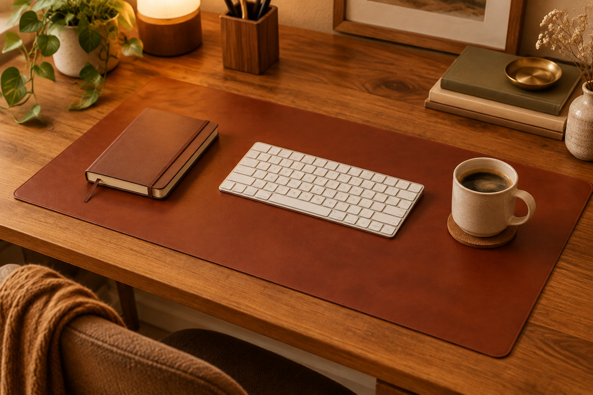 Station Gear Reversible Desk Pad in Red Brown on a warm wooden desk