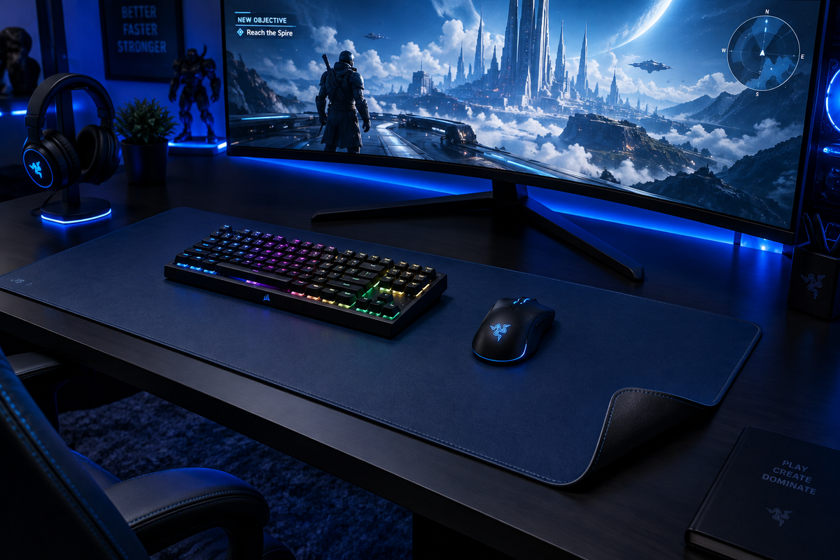 Dark Blue desk pad on gaming setup