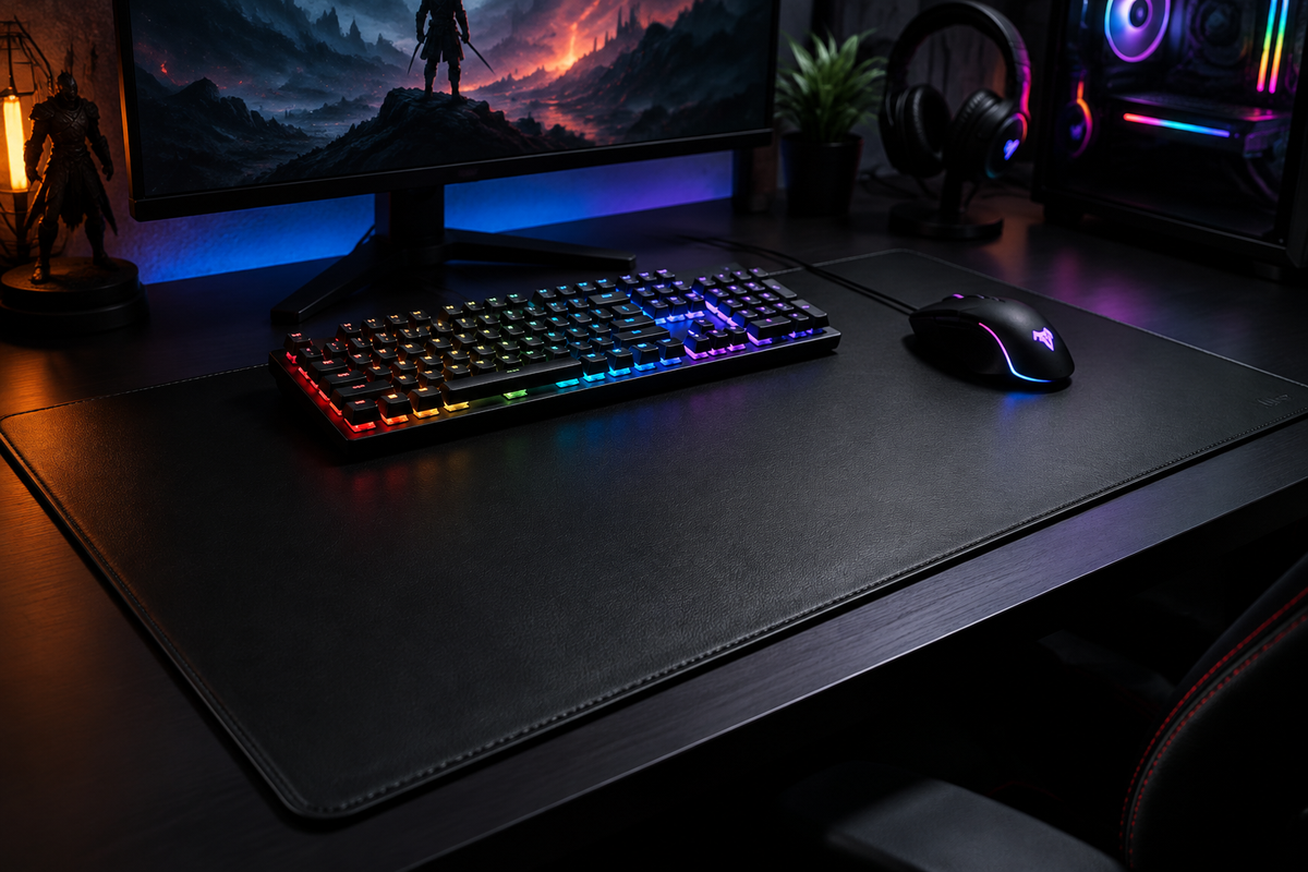 Station Gear Reversible Desk Pad in Black on a gaming desk