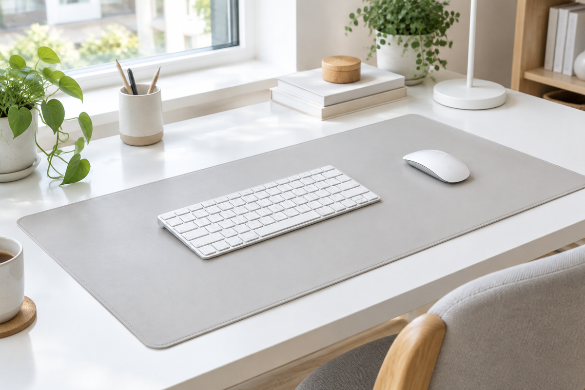 Station Gear Reversible Desk Pad in Light Gray on a Scandinavian desk